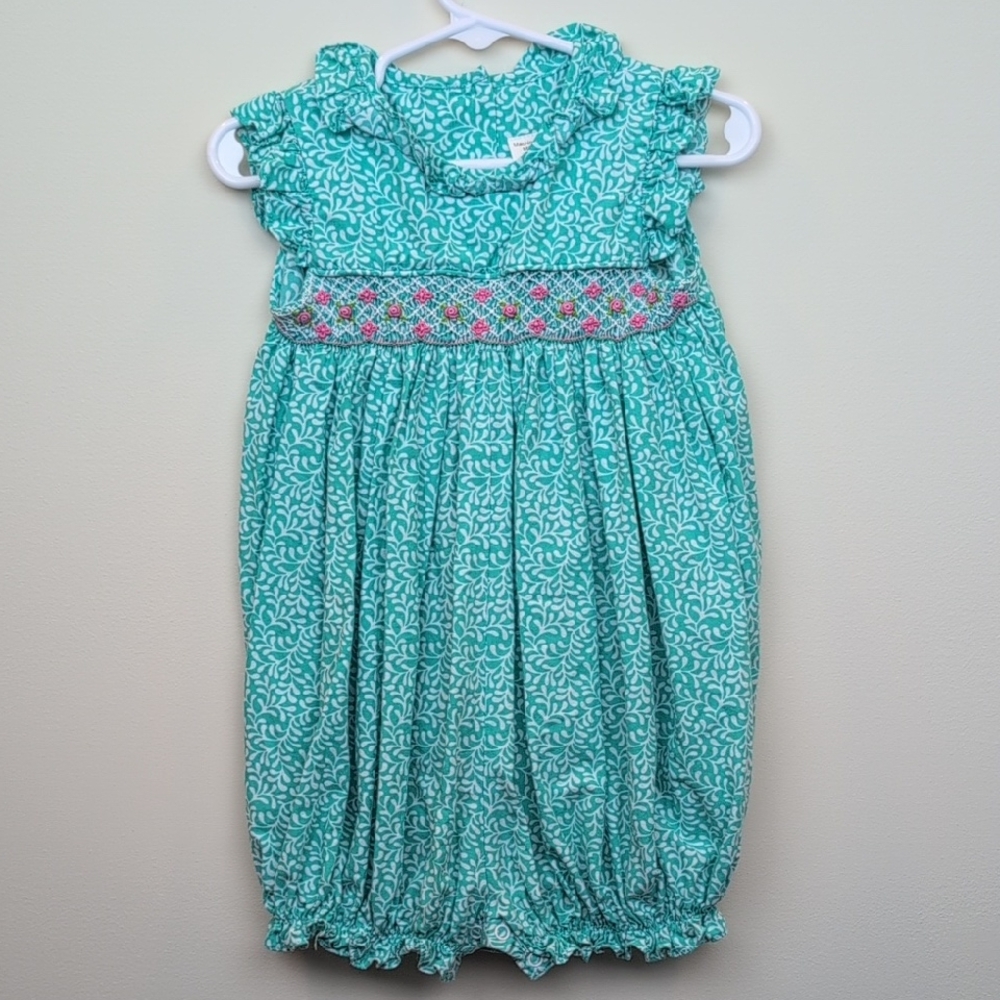 Turquoise Smocked Floral Baby Bubble Romper 18M